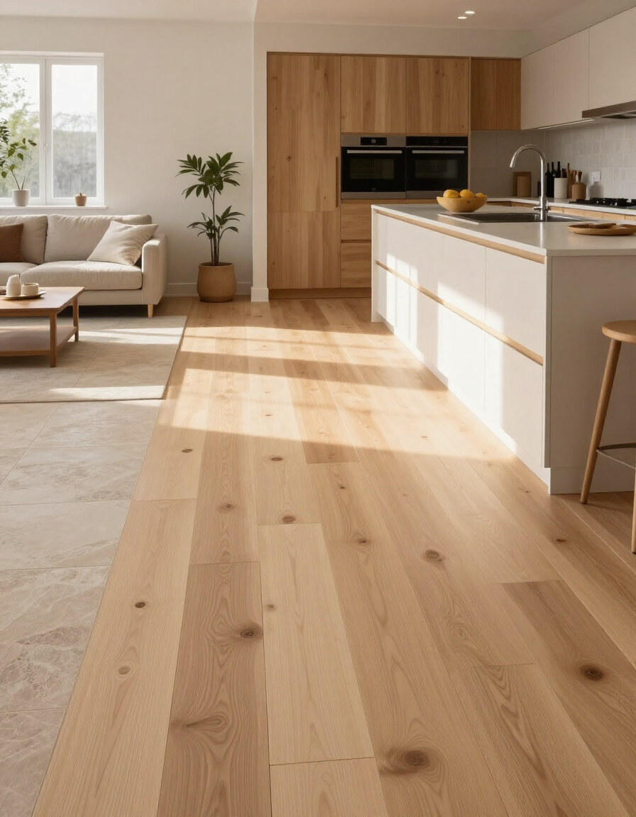 Wide-plank white oak engineered hardwood floor in a renovated open-plan kitchen and living area