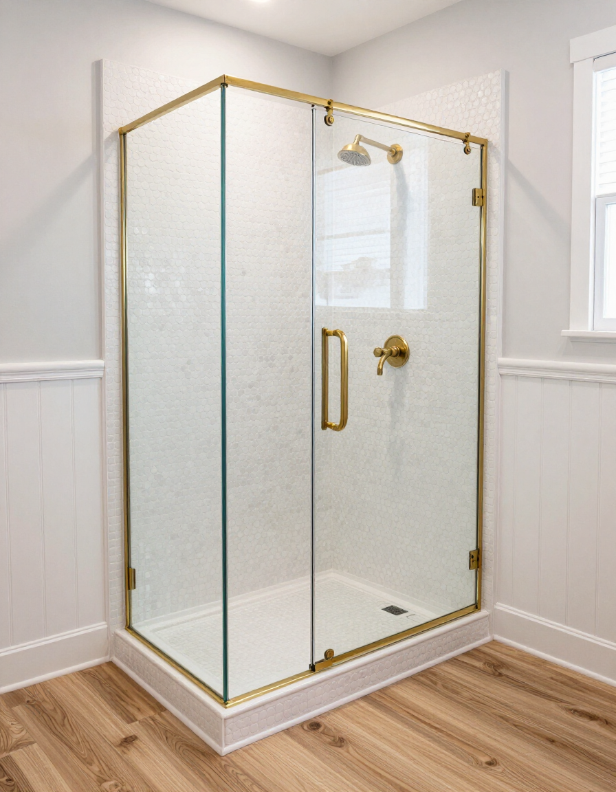 Custom tile shower with penny-mosaic niche detail and frameless brass-hardware glass shower door