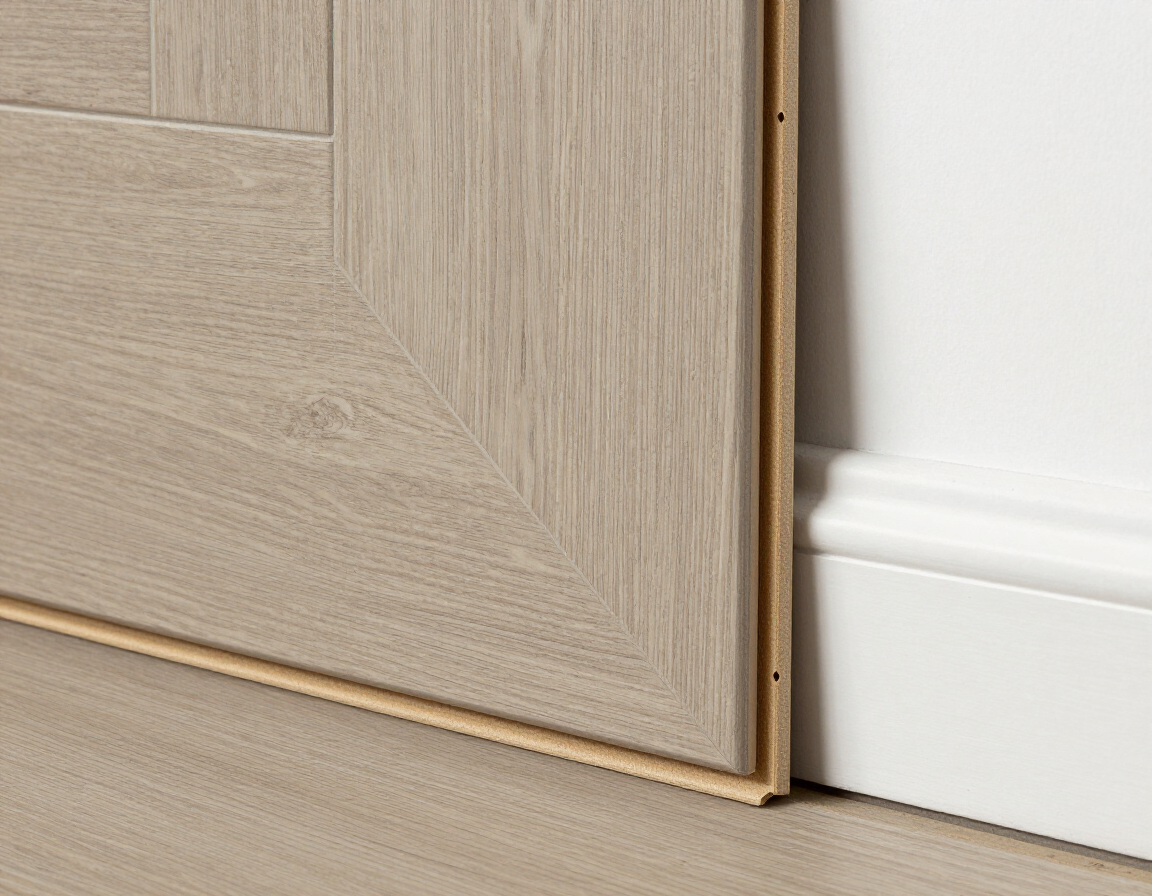 Luxury vinyl plank flooring sample in warm greige wood-look finish