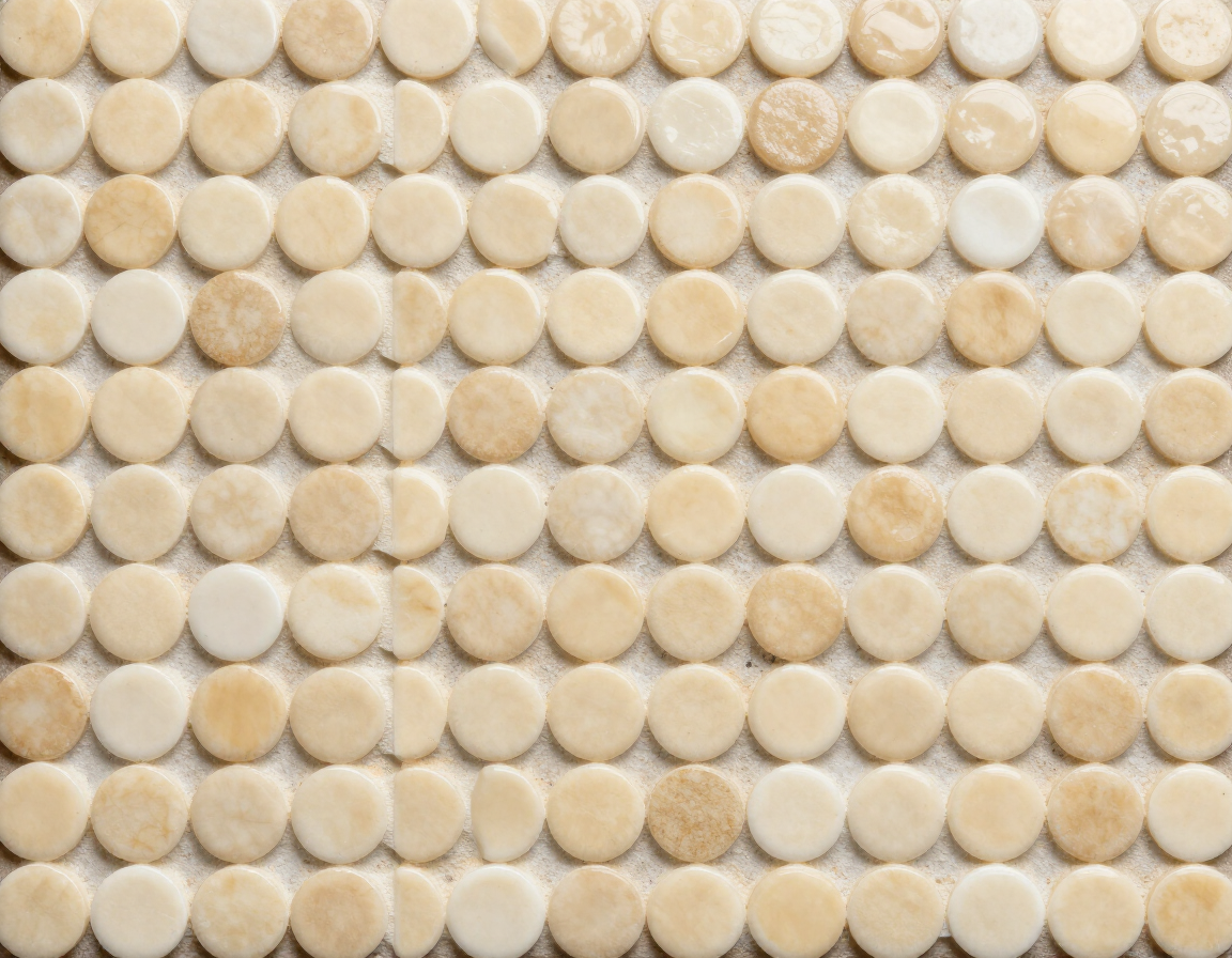 Penny-mosaic tile sheet in cream and warm beige tones