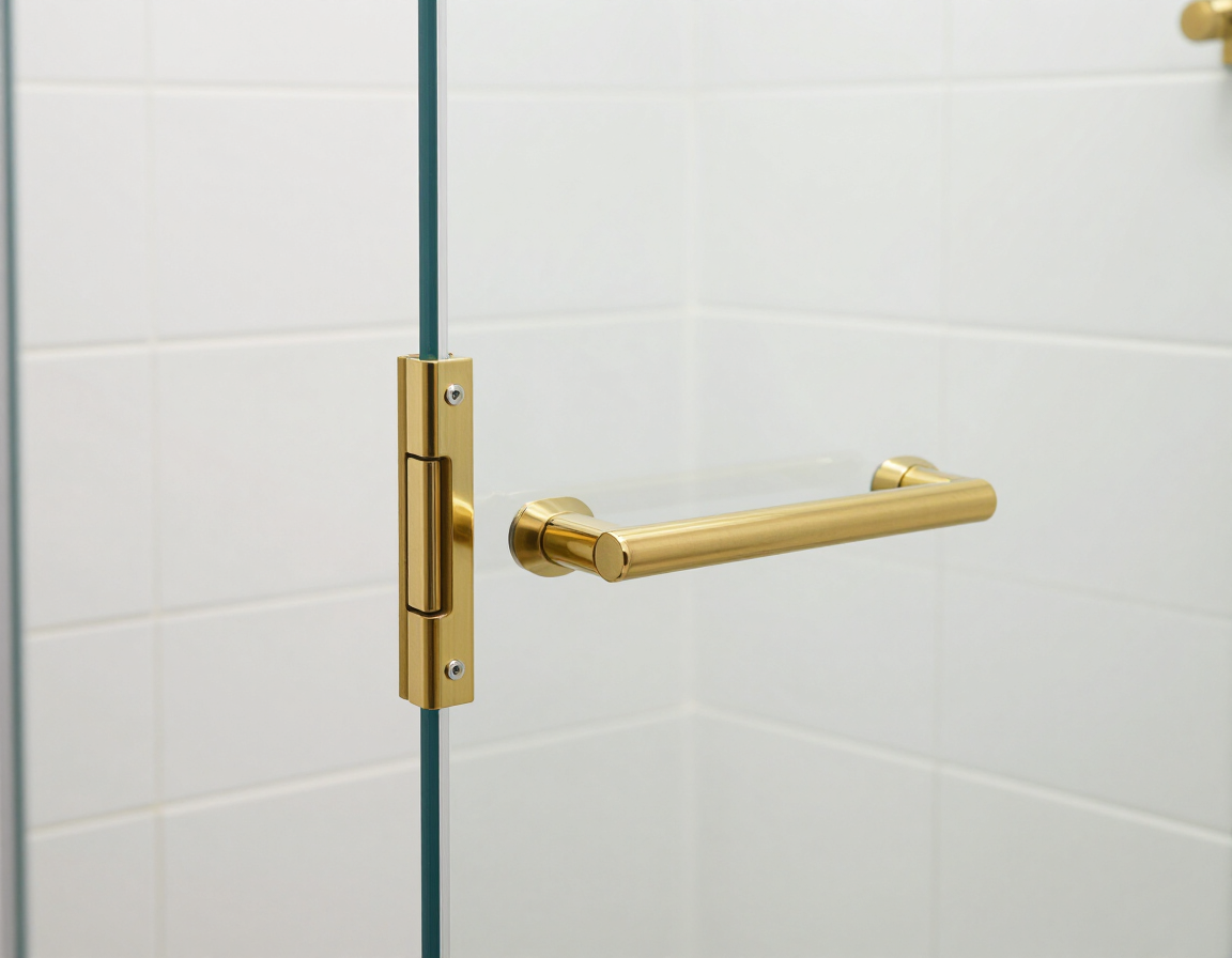 Frameless glass shower door hardware detail with brass pivot hinge and bar handle