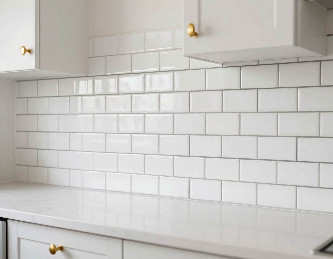 Subway tile backsplash with dark grout and brass hardware in a bright kitchen