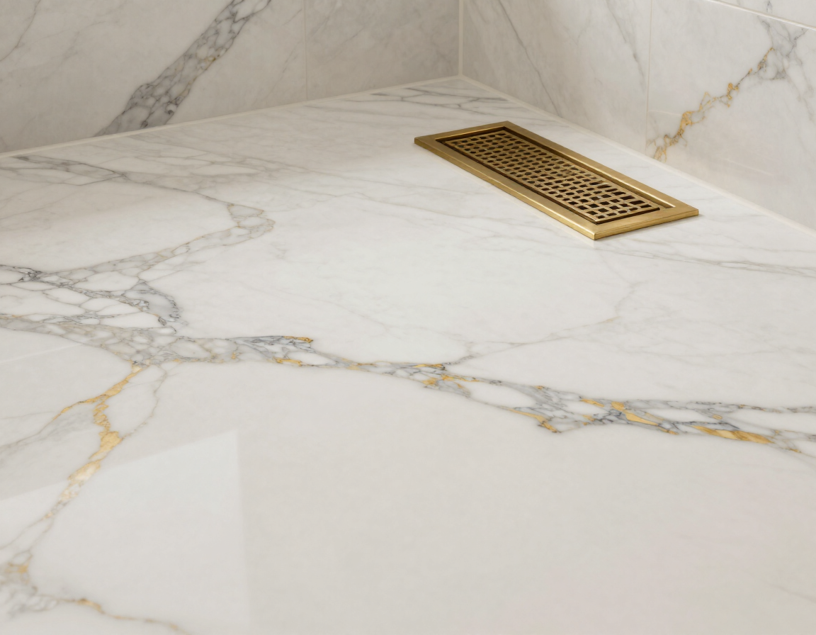 Honed Calacatta marble floor tile in a bathroom setting with visible veining