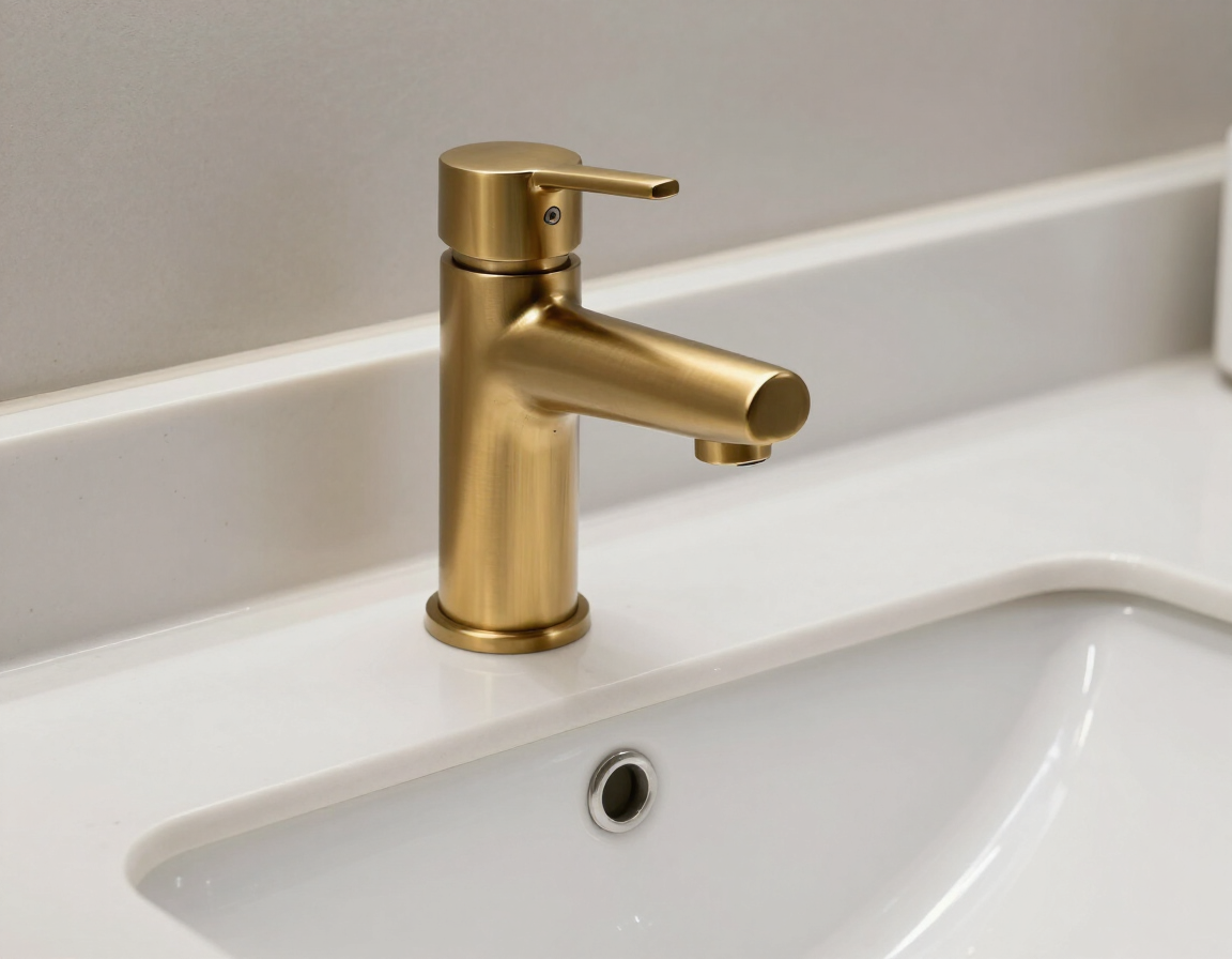 Brushed-brass faucet over white undermount sink in a custom bathroom vanity