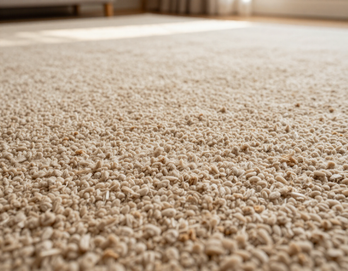 Close-up of cut-pile carpet in warm sand tone in a carpeted bedroom