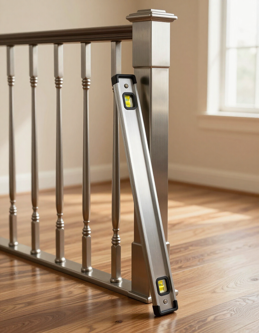 A1 Turns LLC checking railing height and alignment during a residential staircase installation