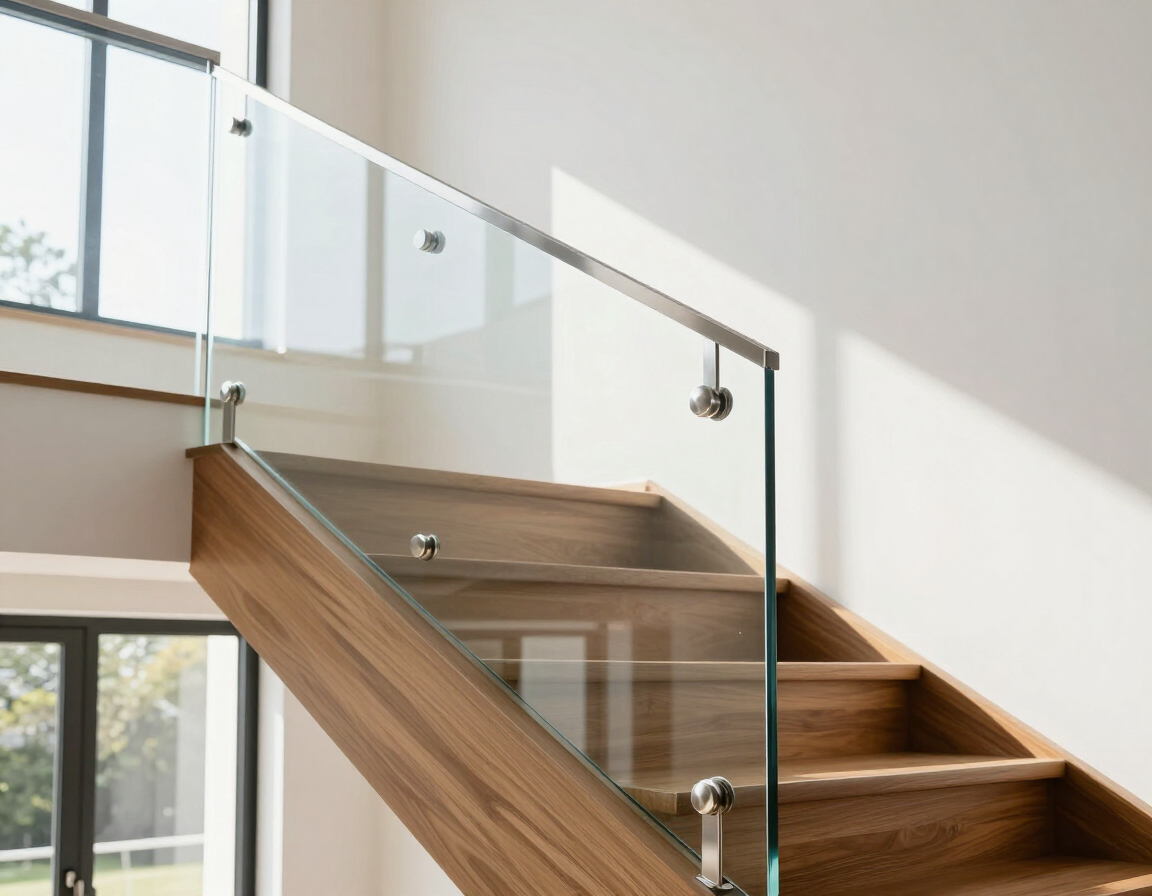 Frameless glass panel railing system on a residential staircase