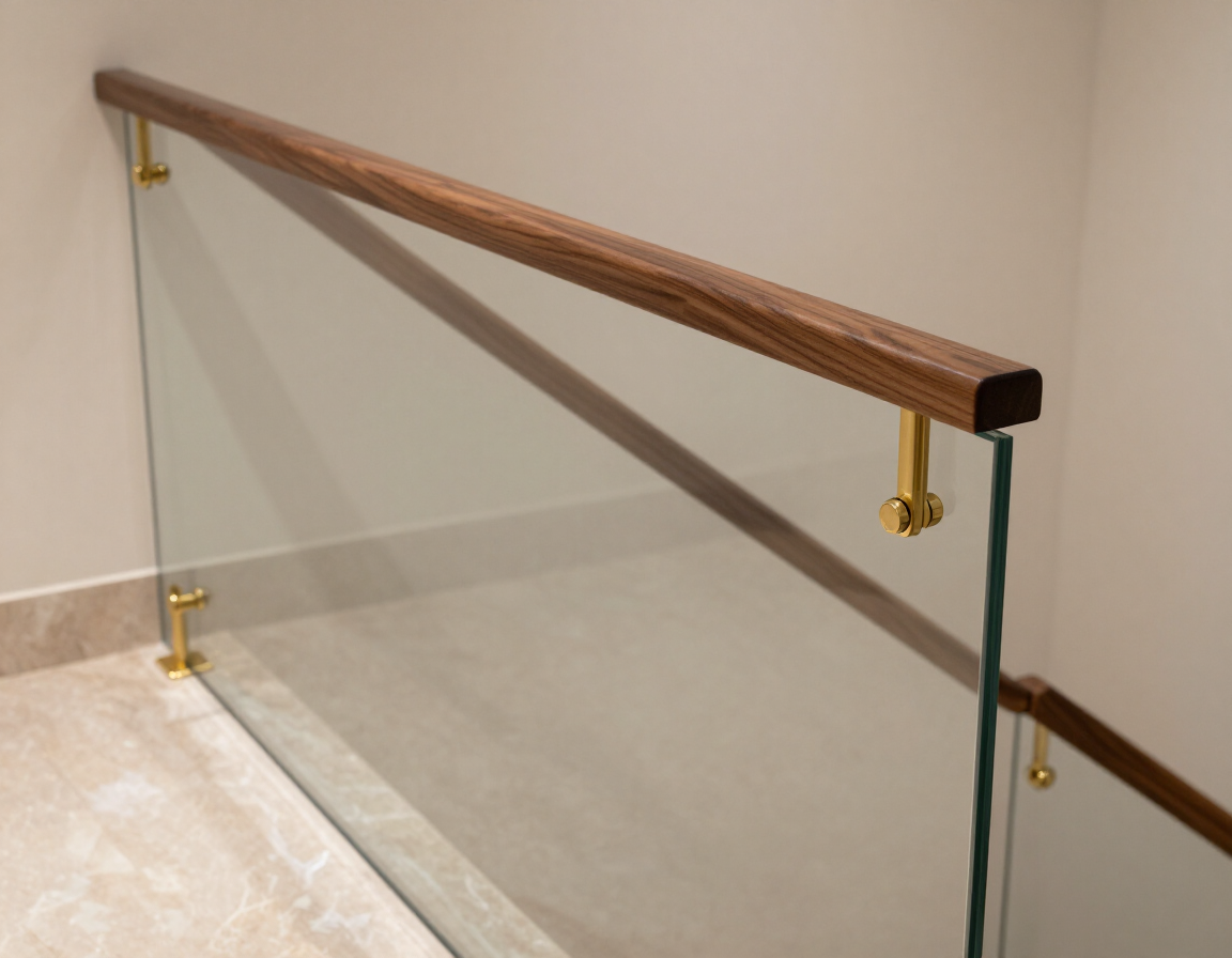 Glass banister with wood cap rail and brass hardware