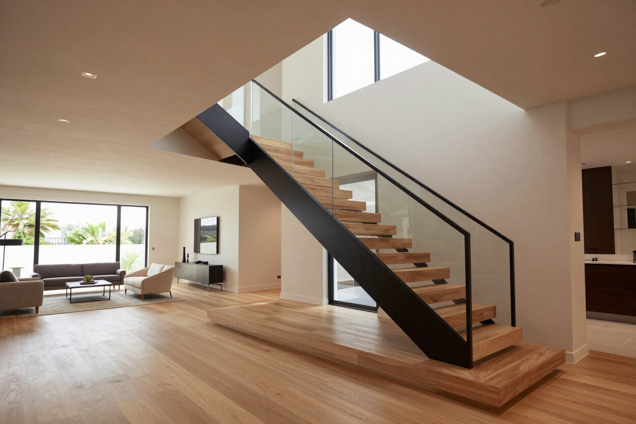 Floating-tread staircase with blackened-steel railings and natural-oak steps in an open-plan home