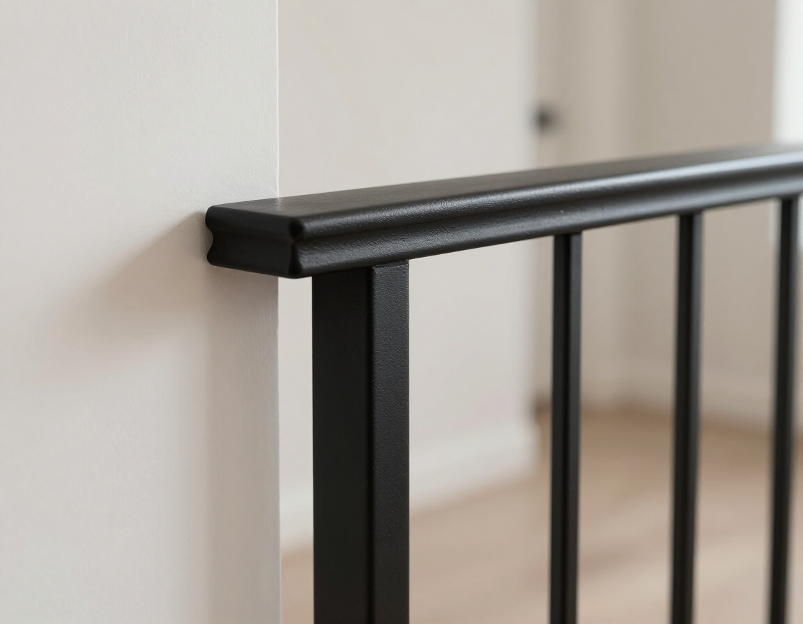 Blackened-steel flat-bar railings in a modern interior