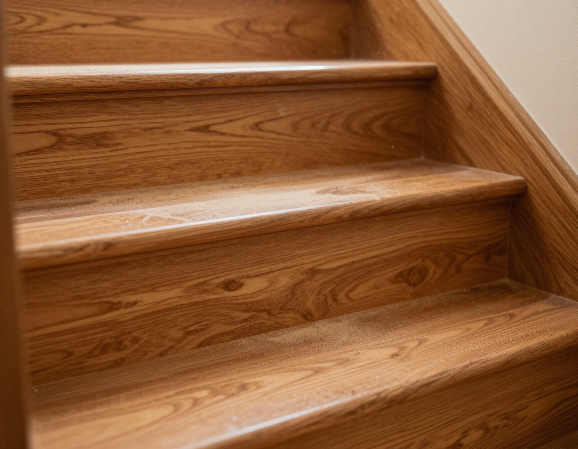 Freshly refinished hardwood stair treads mid-renovation