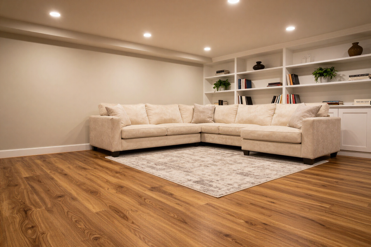 Beautifully finished basement living space with LVP flooring, recessed lighting, sectional sofa and built-in shelving