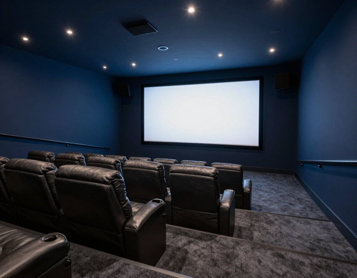 Basement home theater with large screen, tiered seating and recessed lighting