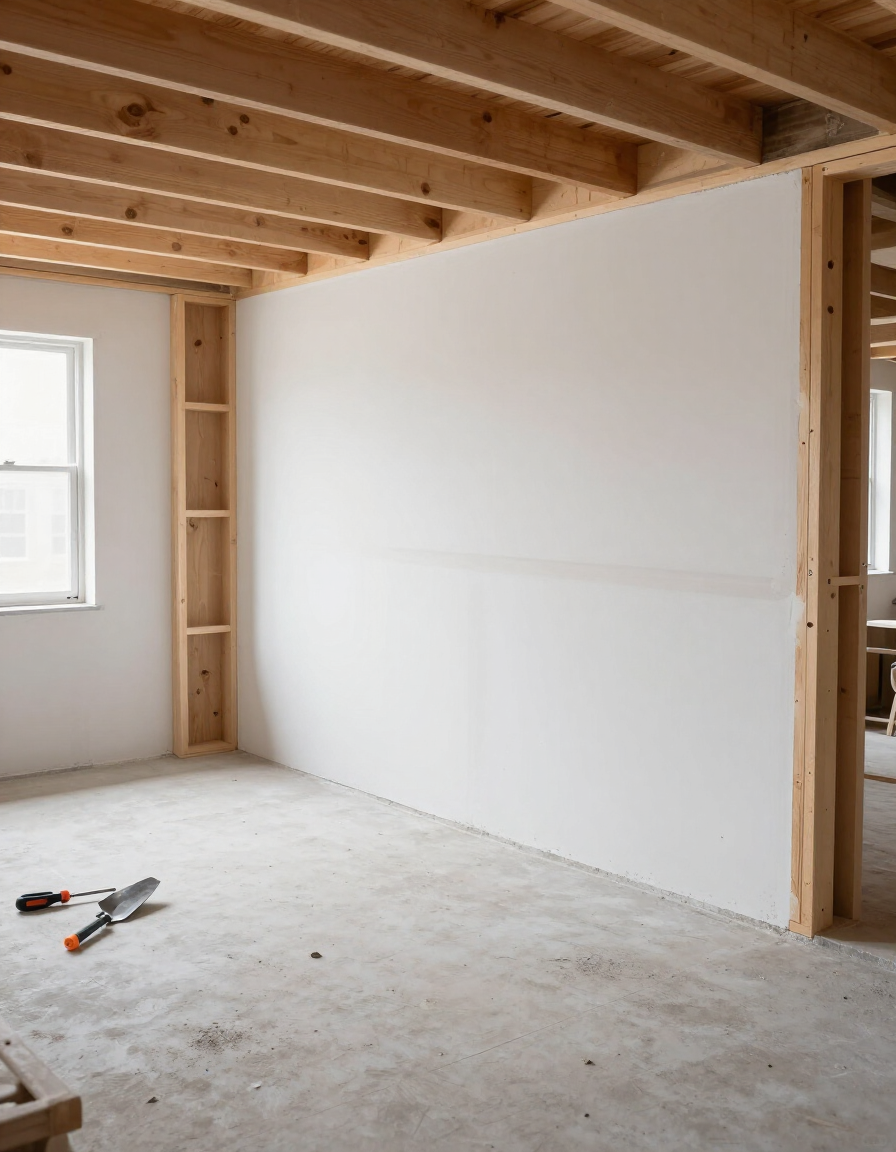 Mid-construction basement showing framed walls, drywall in progress and clean subfloor