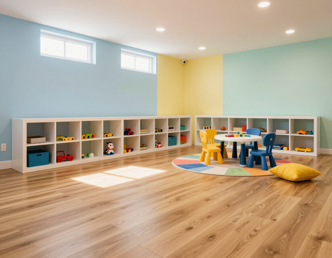 Bright finished basement playroom with durable flooring and built-in storage cubbies