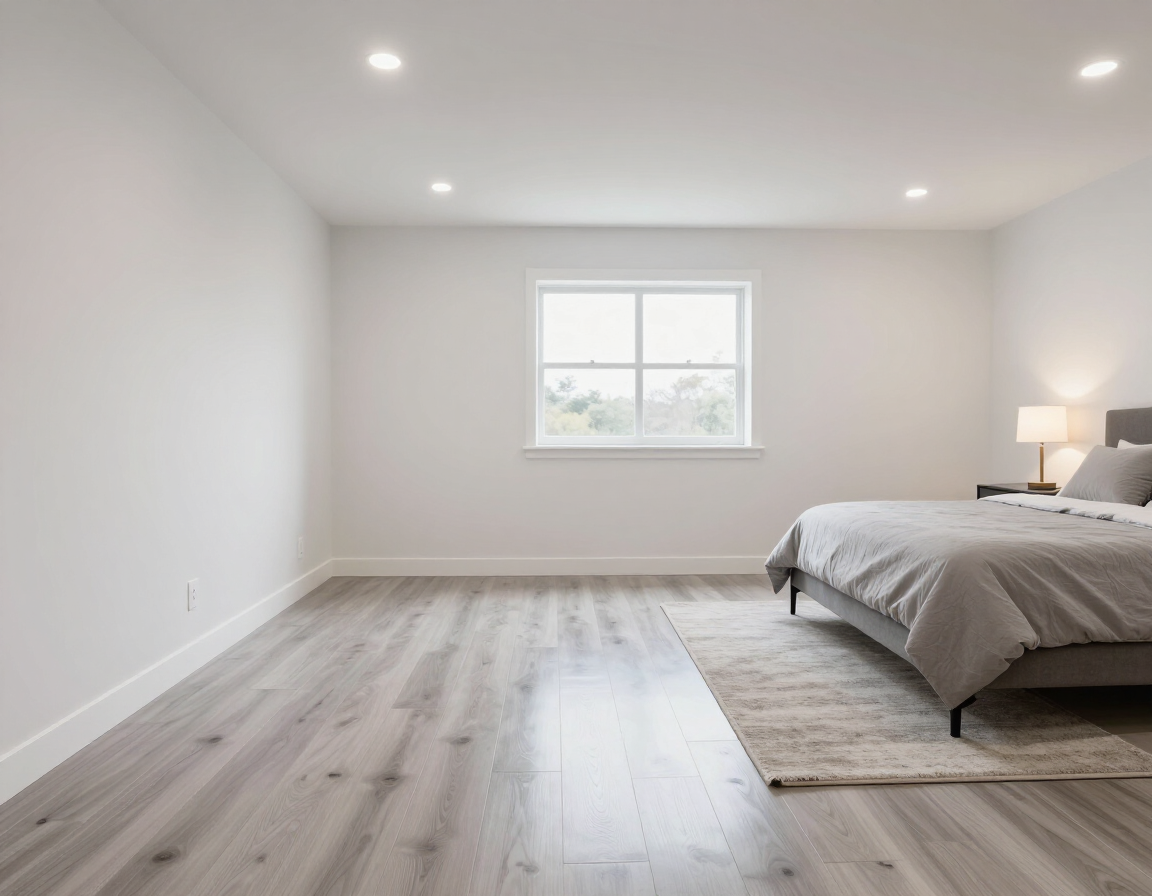 Finished basement guest bedroom with window, flooring and clean white walls