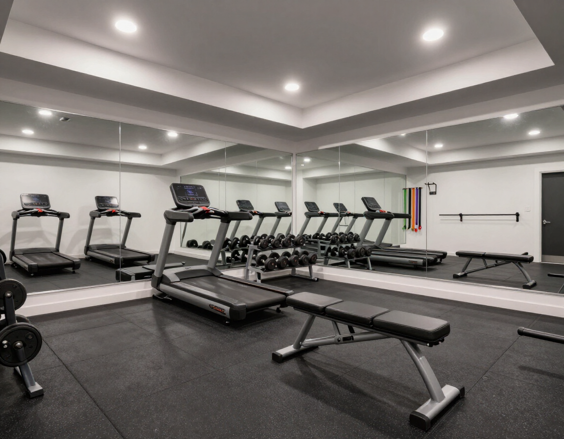 Finished basement gym with rubber flooring, mirrored walls and recessed lighting