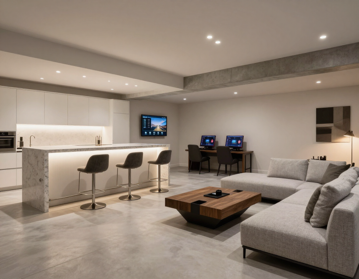 Open finished basement with bar area, lounge seating and flexible multi-use zones