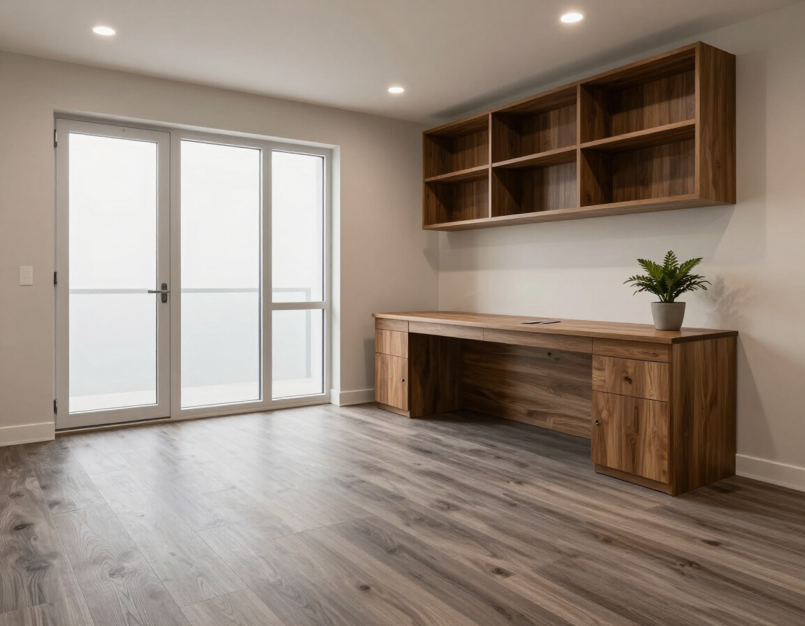 Finished basement home office with built-in desk, shelving and glass panel door