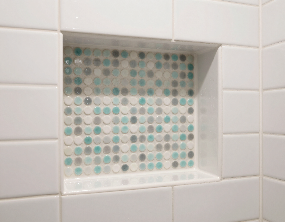 Recessed shower niche with penny-mosaic tile detail and vertical subway tile surround