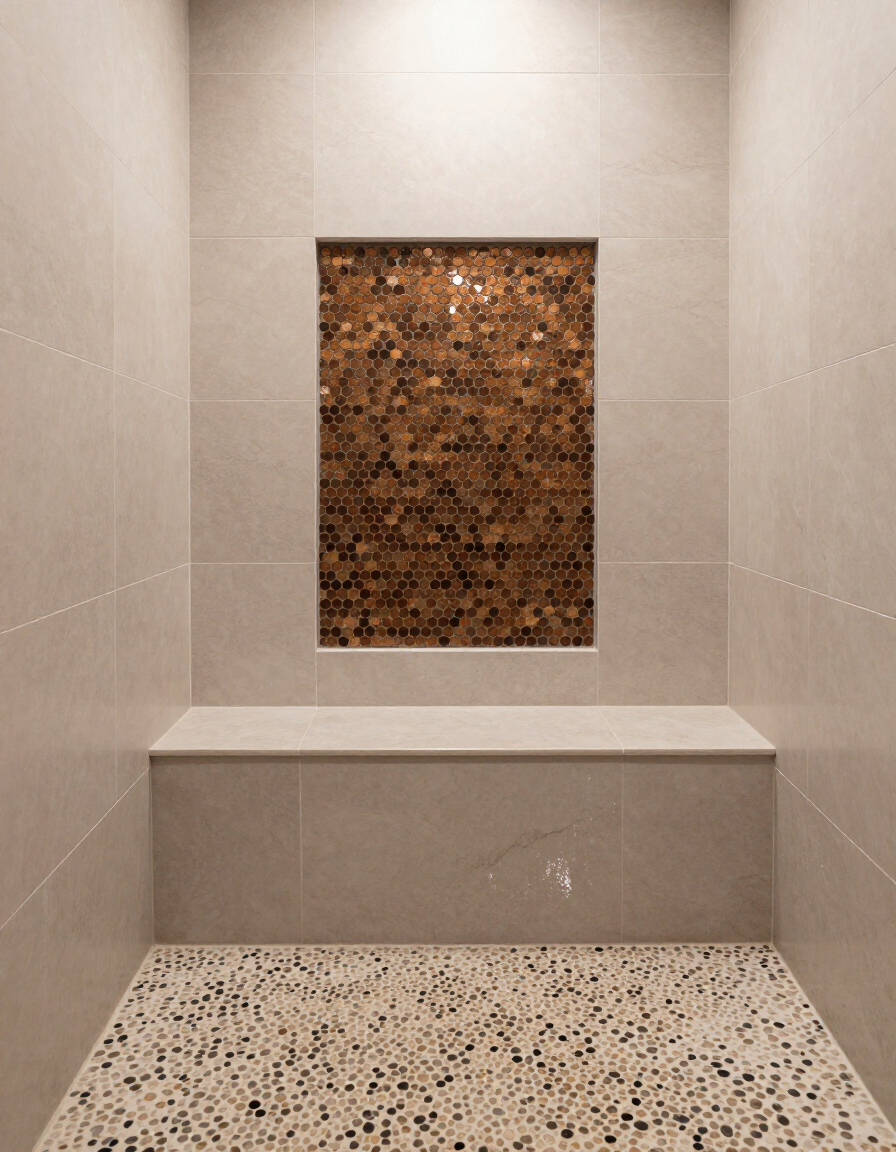 Custom walk-in tile shower with recessed niche, built-in bench and pebble floor completed by A1 Turns LLC