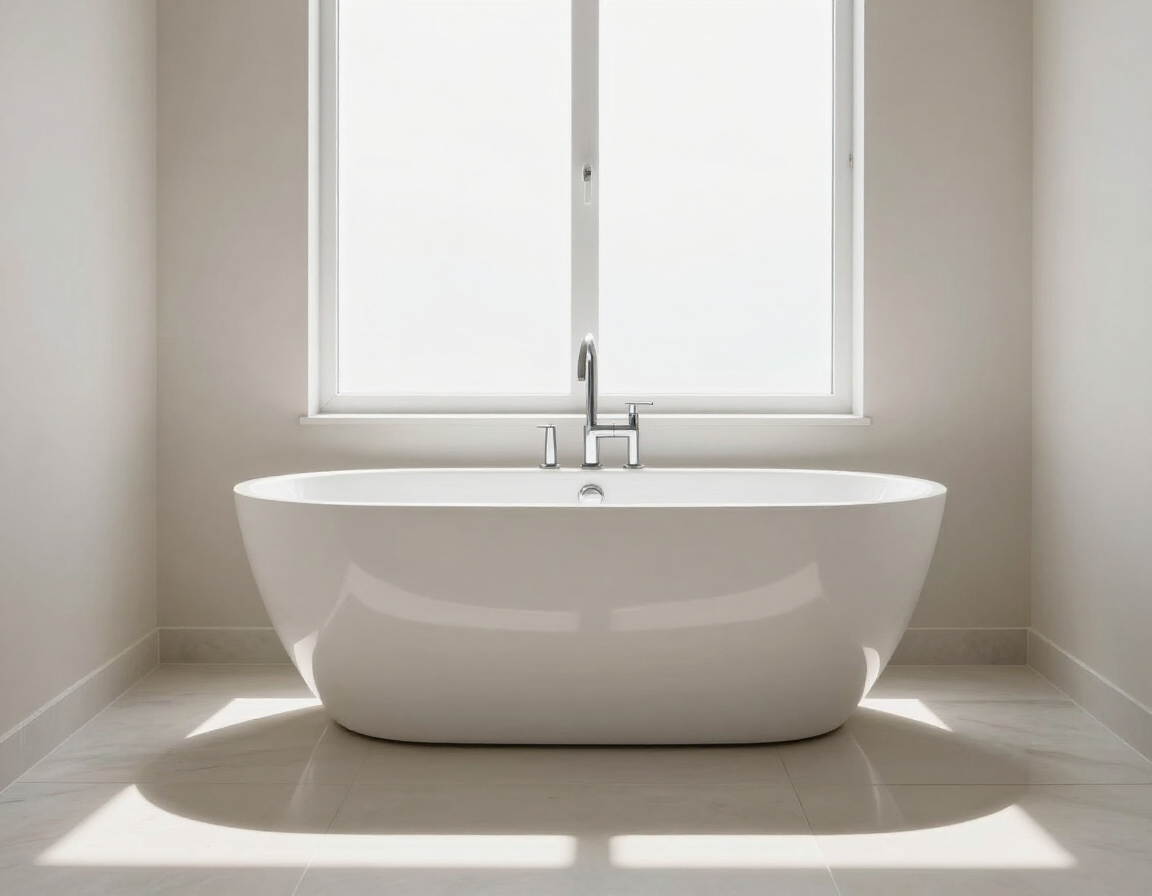 Freestanding soaking tub beneath a window in a finished bathroom