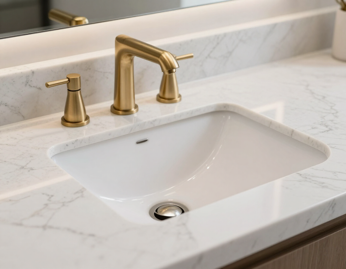 Quartz bathroom countertop with undermount sink and brass faucet