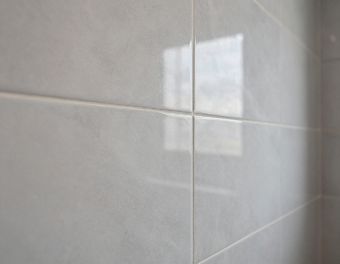 Large-format bathroom wall tile with thin grout joint