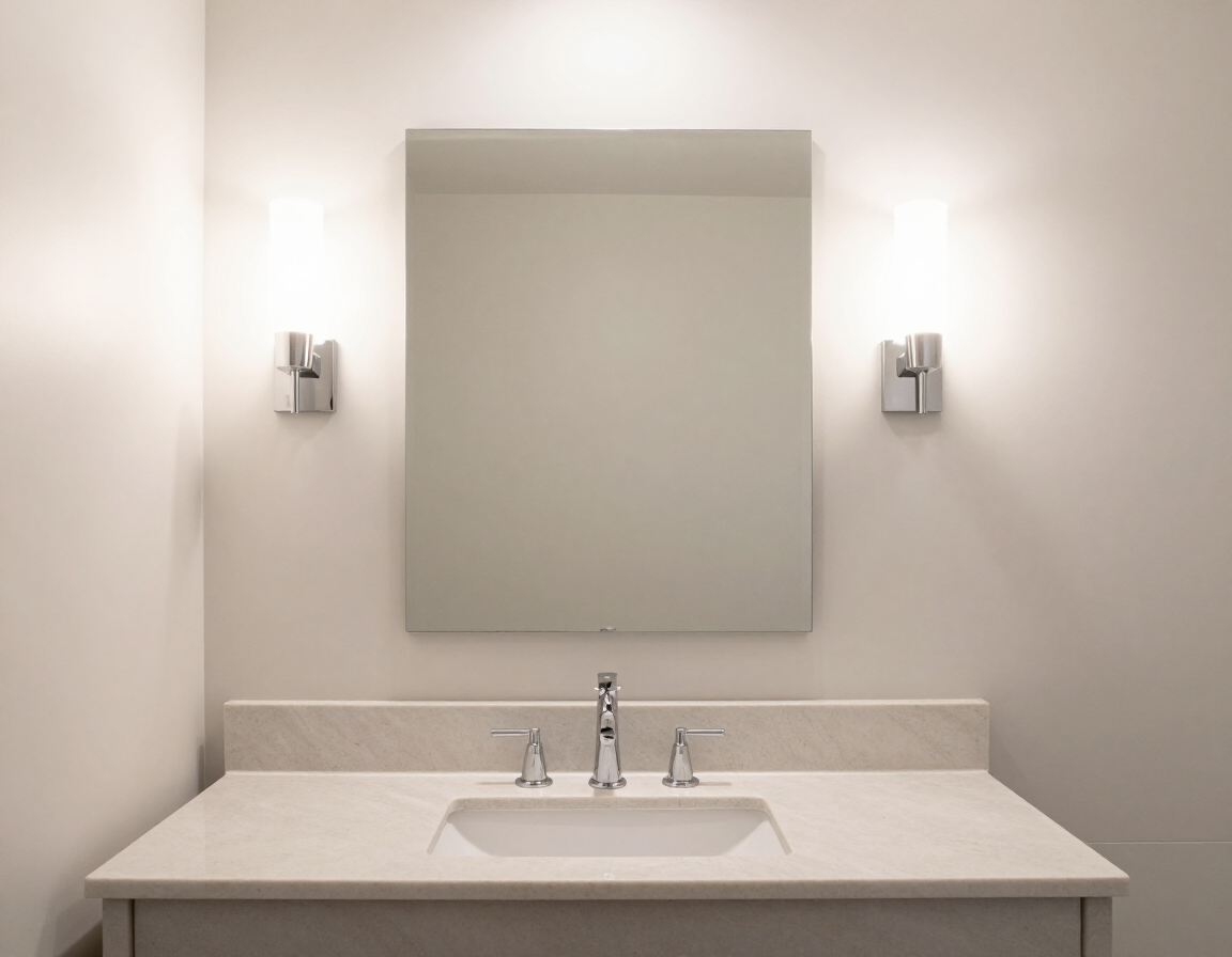 Vanity mirror with symmetrical sconce lighting in a finished bathroom