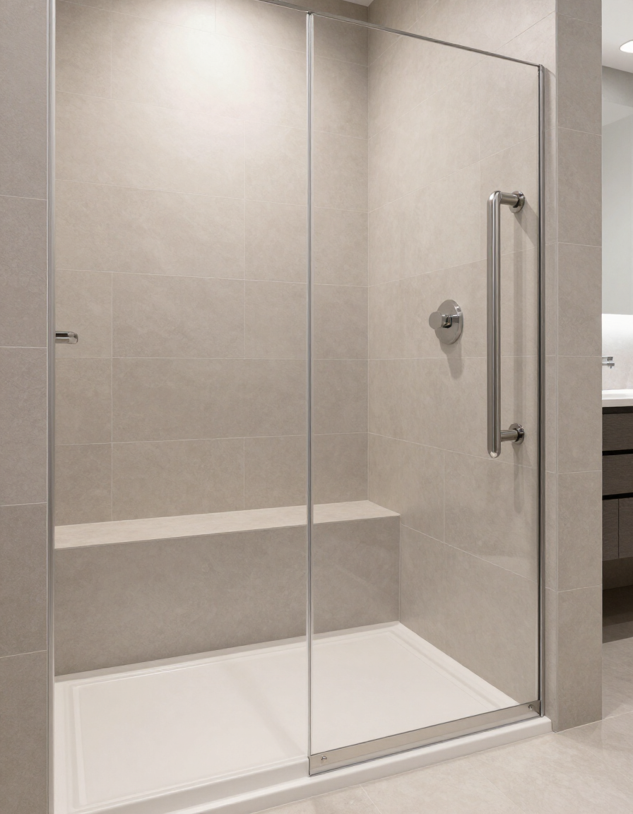 Accessible walk-in shower with curbless entry, built-in bench and grab bars