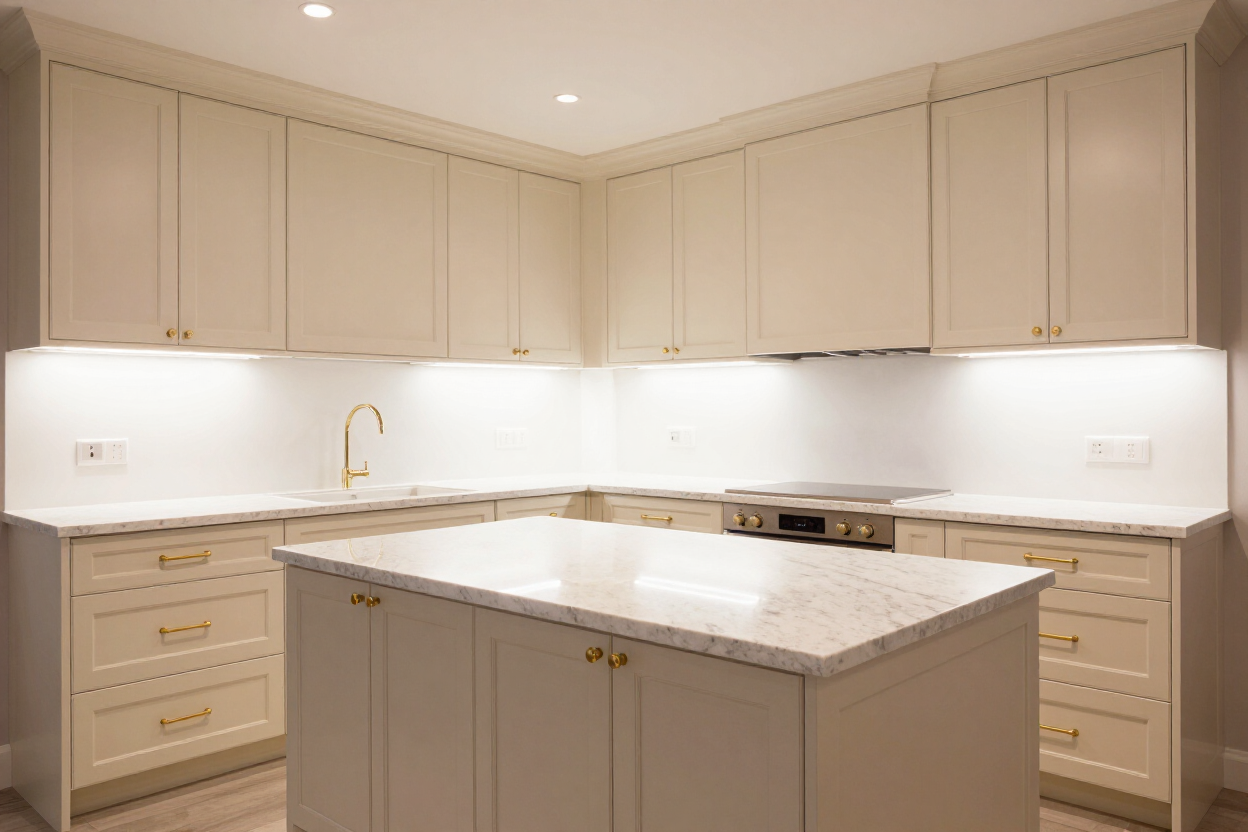 Custom kitchen with floor-to-ceiling cabinetry, brass hardware, and quartz countertop
