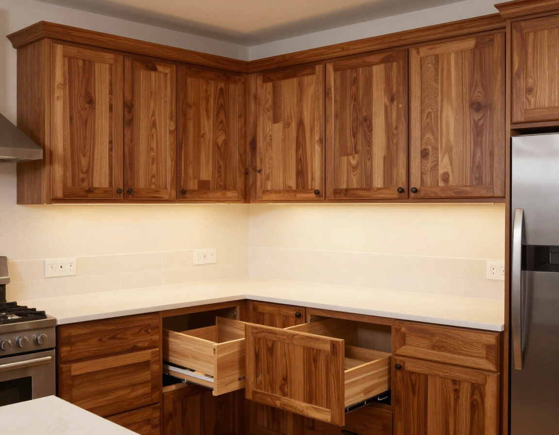 Semi-custom cabinet installation with organization fittings and warm wood tone