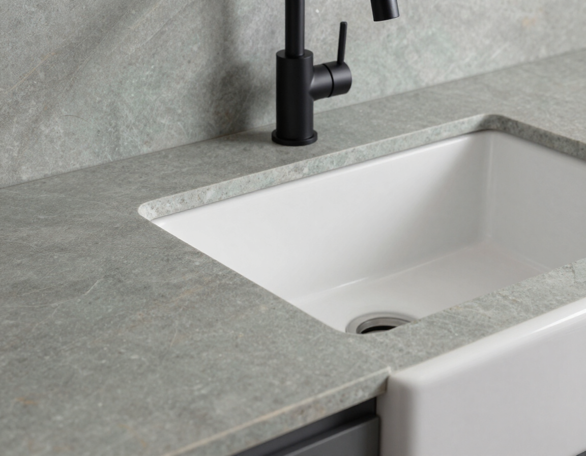 Honed quartzite countertop with farmhouse undermount sink and matte black faucet