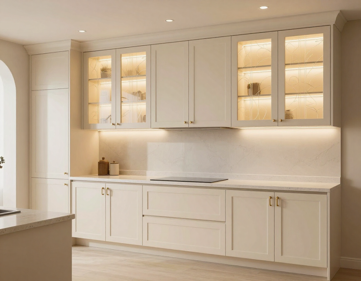 Full-height custom cabinetry with integrated lighting and glass inserts