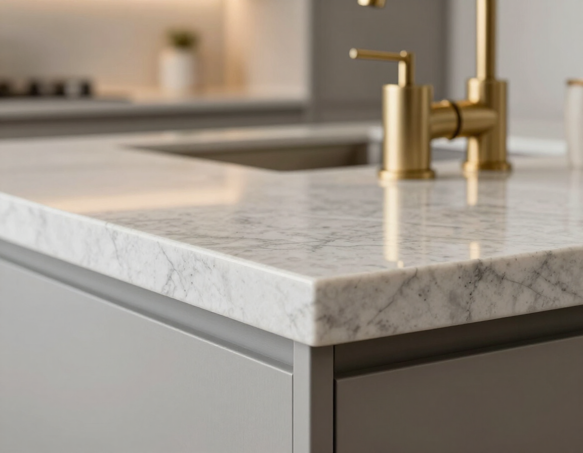 White and grey quartz countertop with brushed brass faucet
