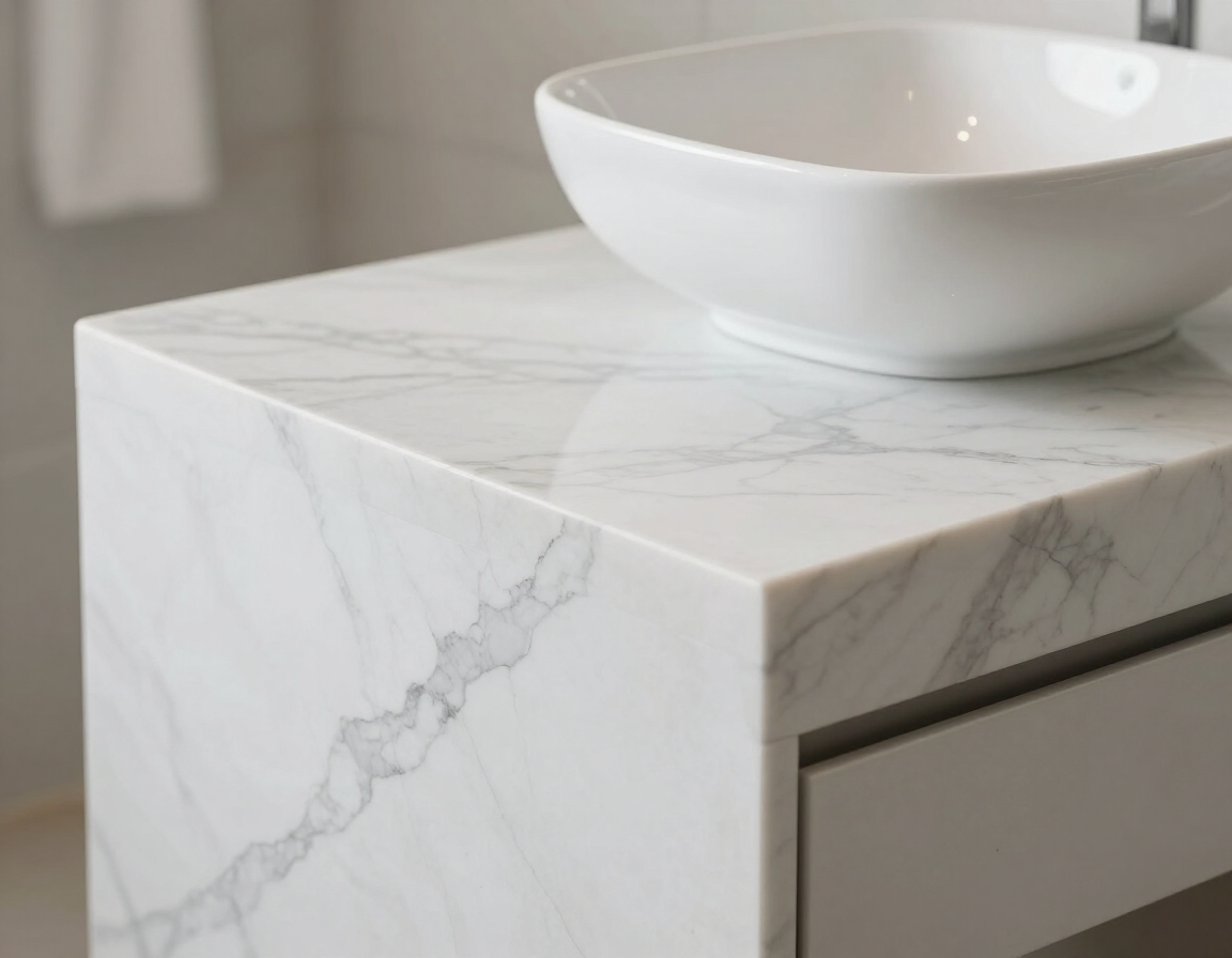 White Carrara marble countertop with grey veining in bathroom vanity