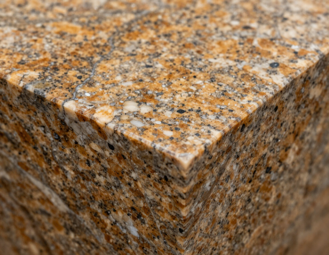 Natural granite slab with warm brown and cream tones and polished edge