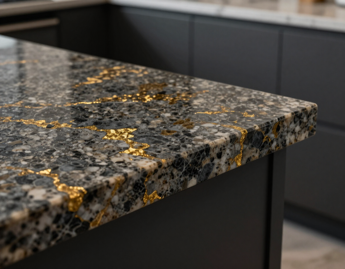 Gold-flecked granite countertop slab edge