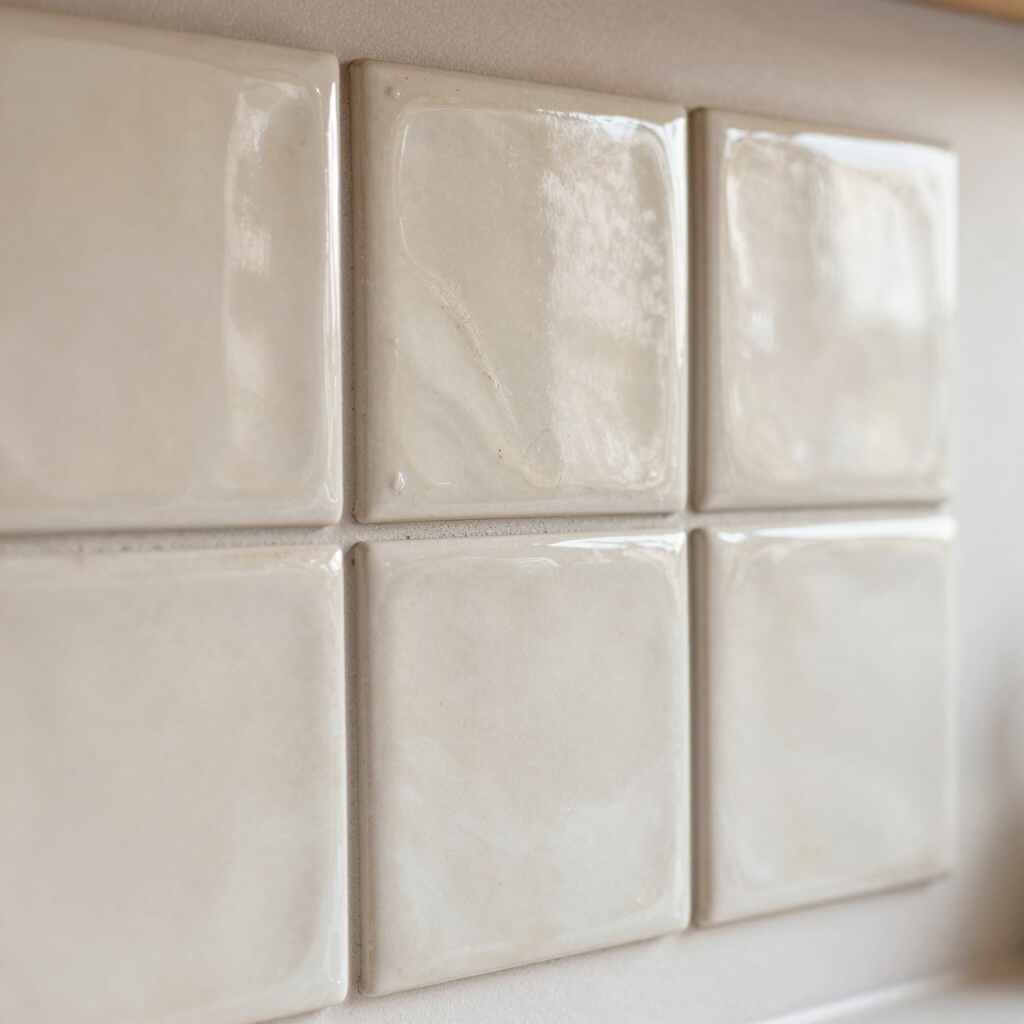 Handmade ceramic tile kitchen backsplash with warm off-white glaze