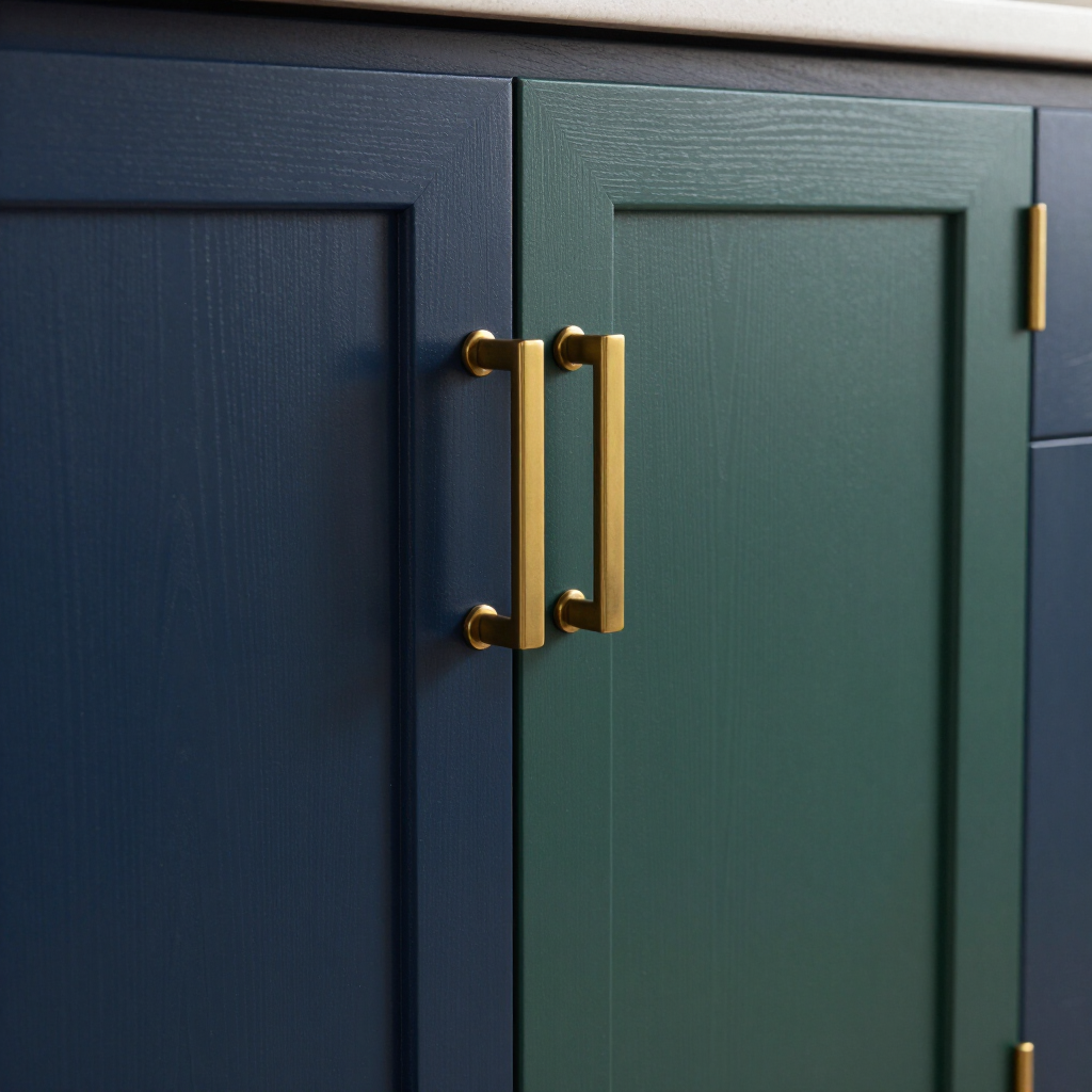 Custom kitchen cabinets in deep navy with brass hardware
