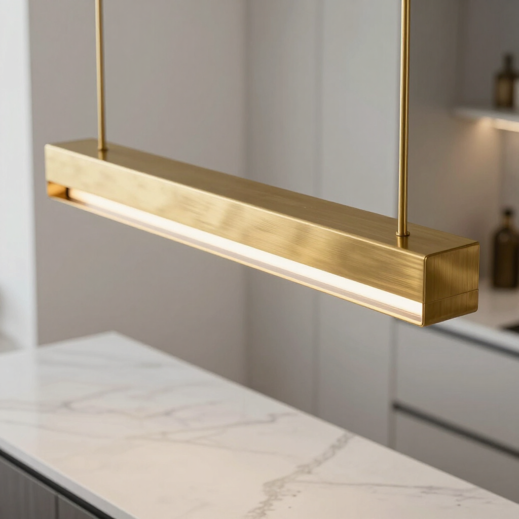 Brushed brass pendant lights above kitchen island