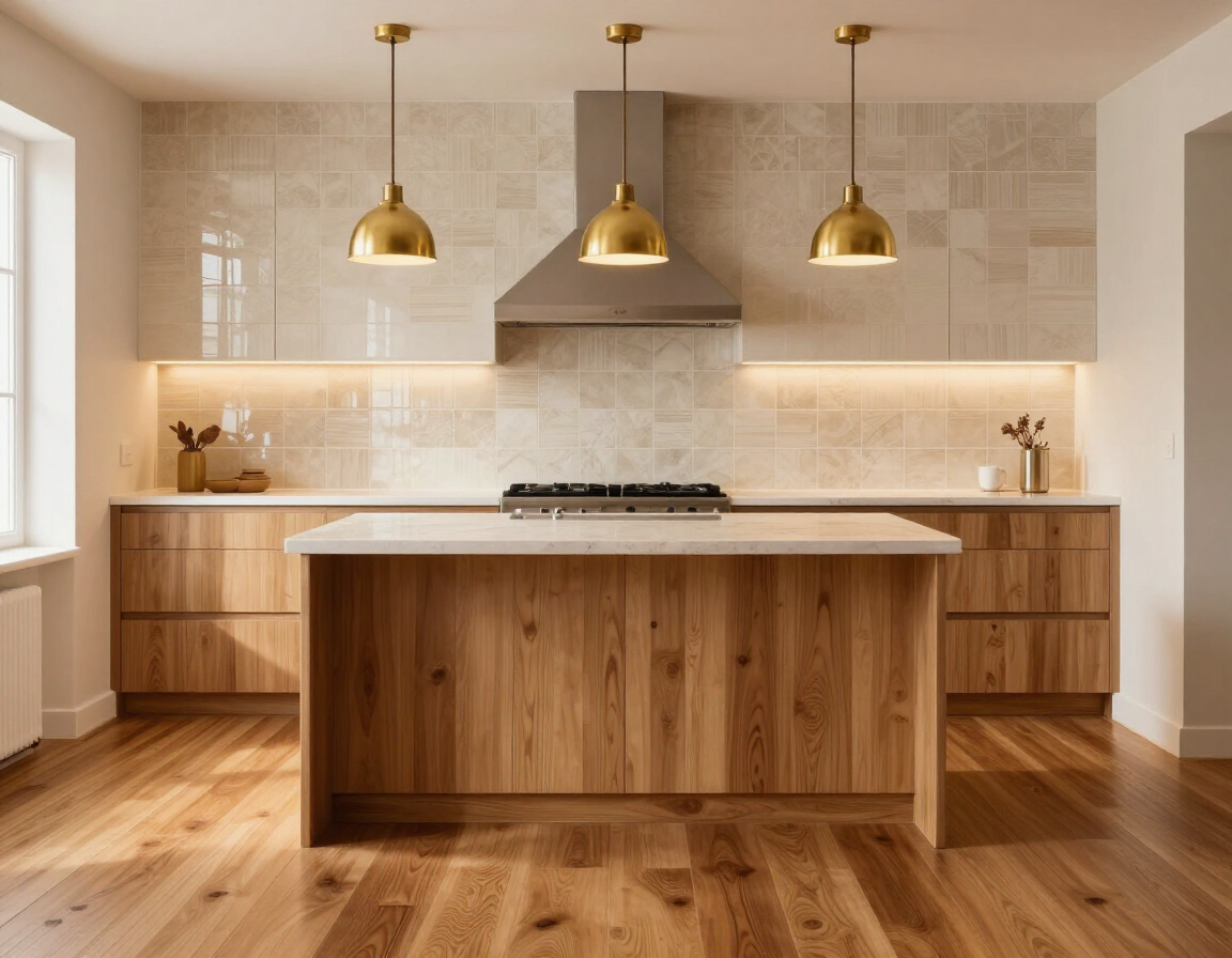 Completed kitchen with coordinated backsplash, wood flooring and brass pendants