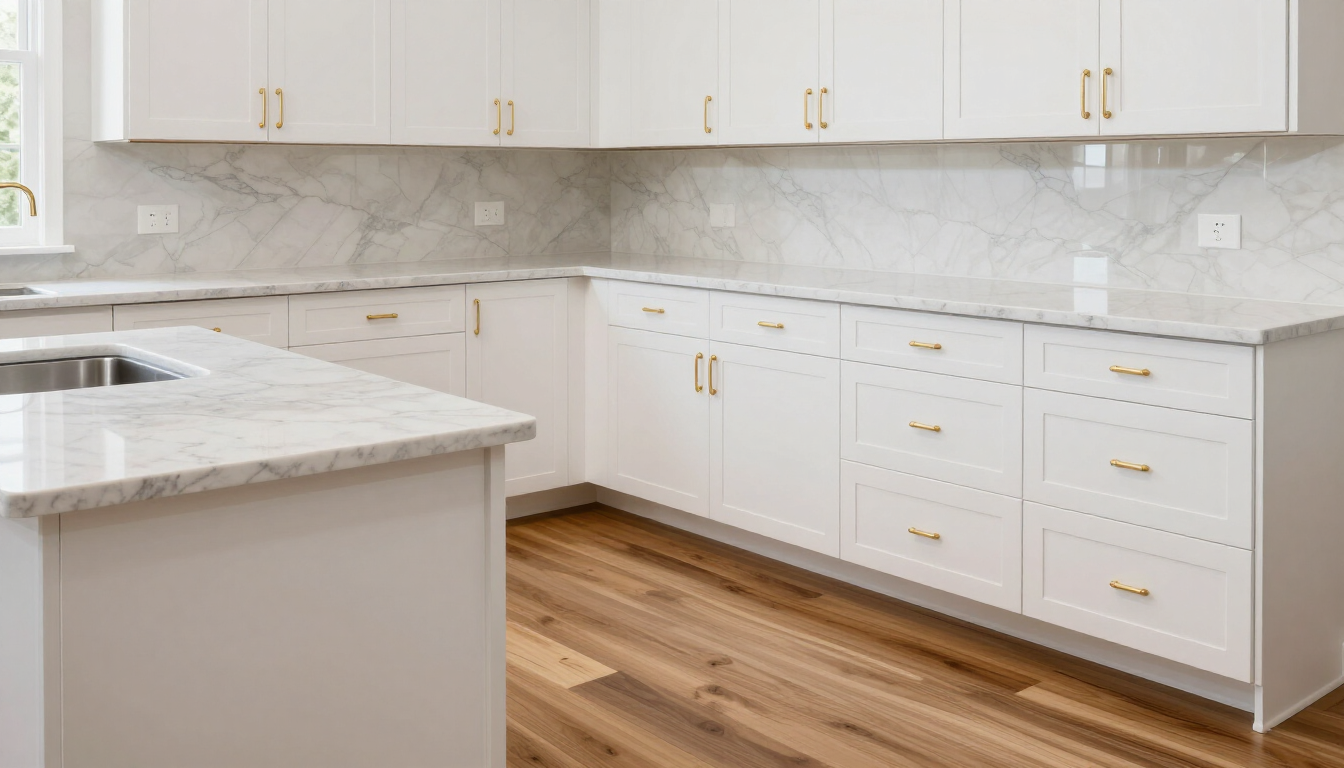 Bright modern kitchen with white cabinets, marble countertops, and wood flooring