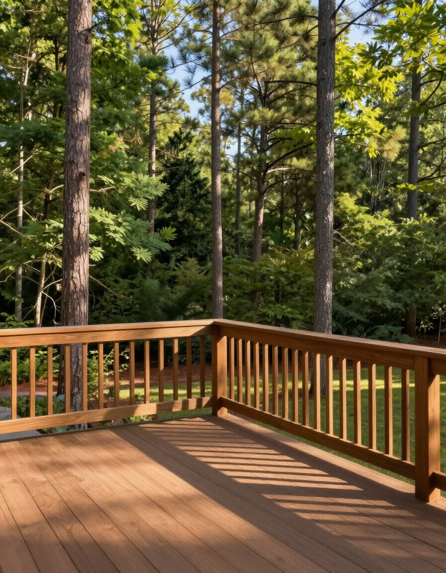 Painted residential deck with wood railing and wooded backdrop completed by A1 Turns LLC