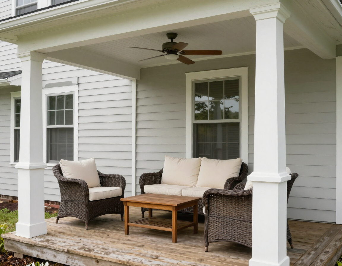 Covered porch with painted columns and outdoor seating