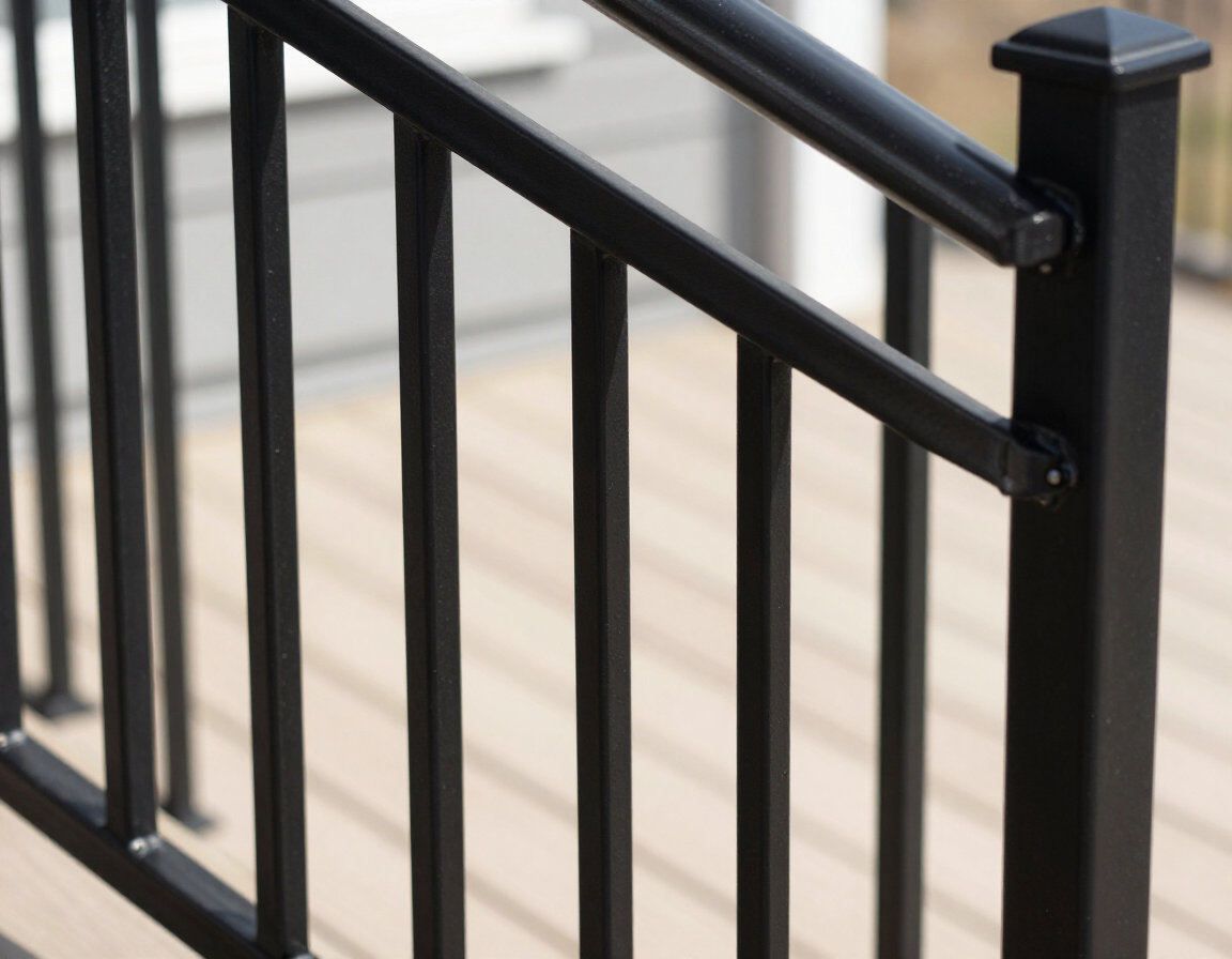 Black metal exterior railings on a residential deck staircase