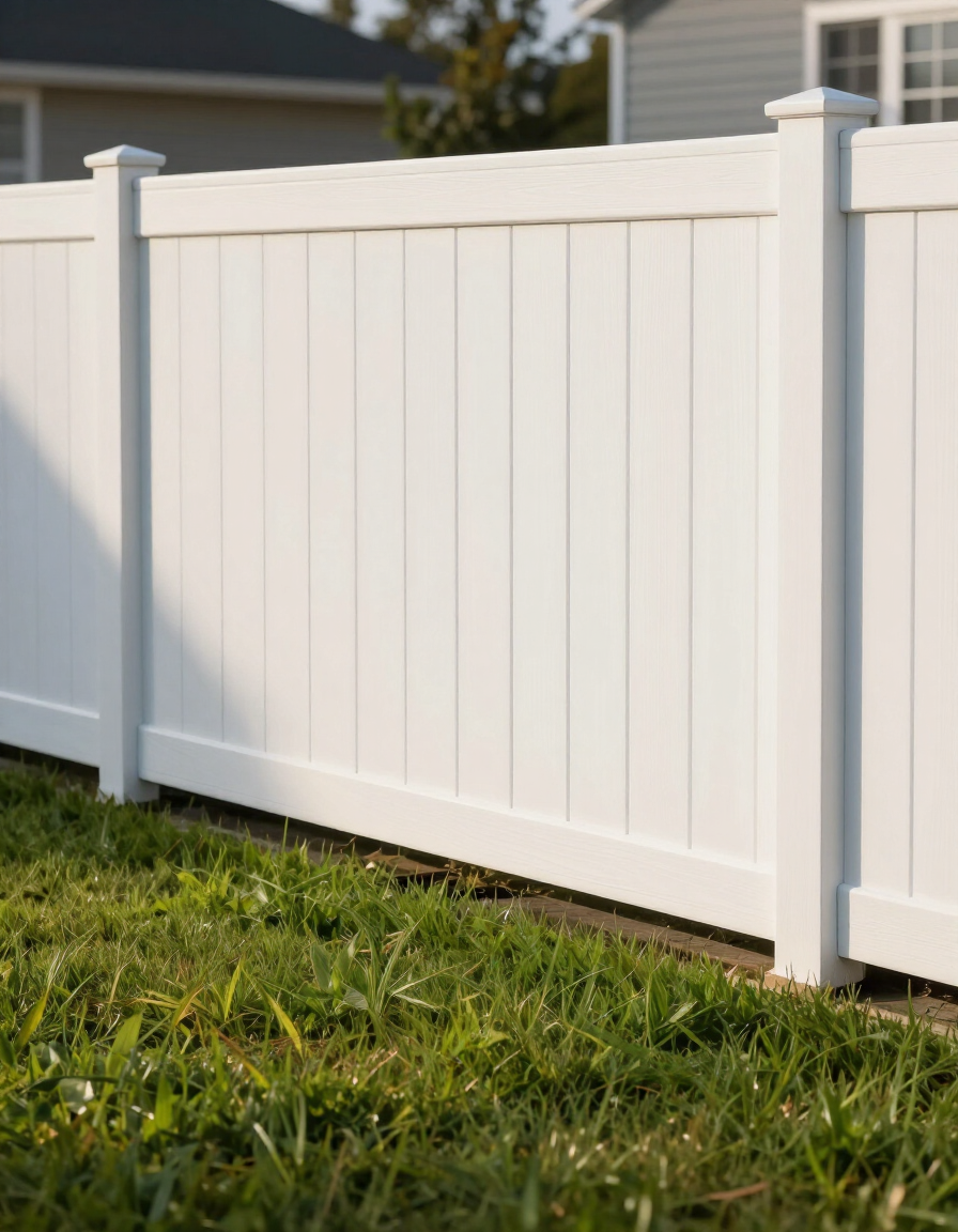 Freshly painted white horizontal-board privacy fence along a residential property line, green lawn and soft afternoon light