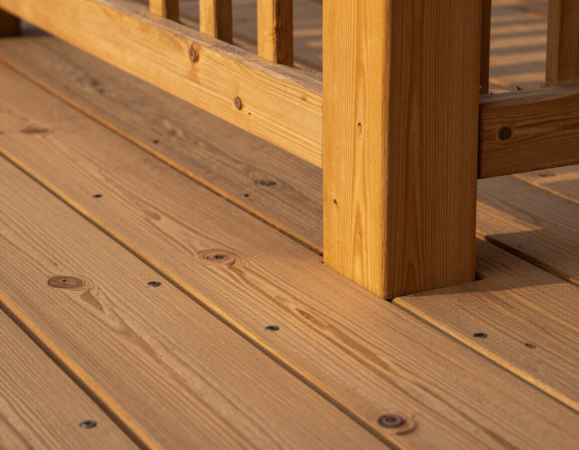 Wood deck boards with visible grain and railing post base