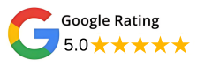 Google rating icon showing 5.0 with five gold stars and the multicolor Google logo