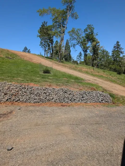 Gravel road beside a grassy hillside with trees and a blue sky on a sunny day